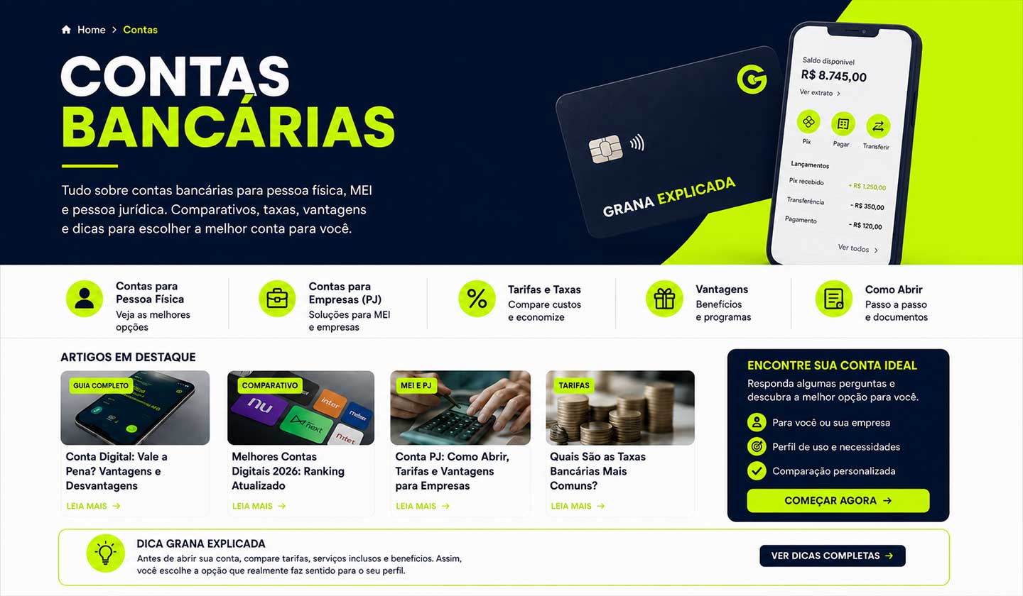 contas bancárias: contas digitais, contas PJ, CDI, tarifas e abertura de conta